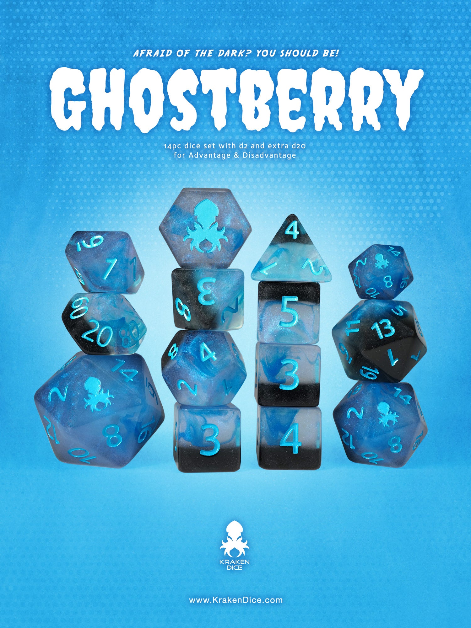 Ghostberry 14pc Dice Set inked in Blue